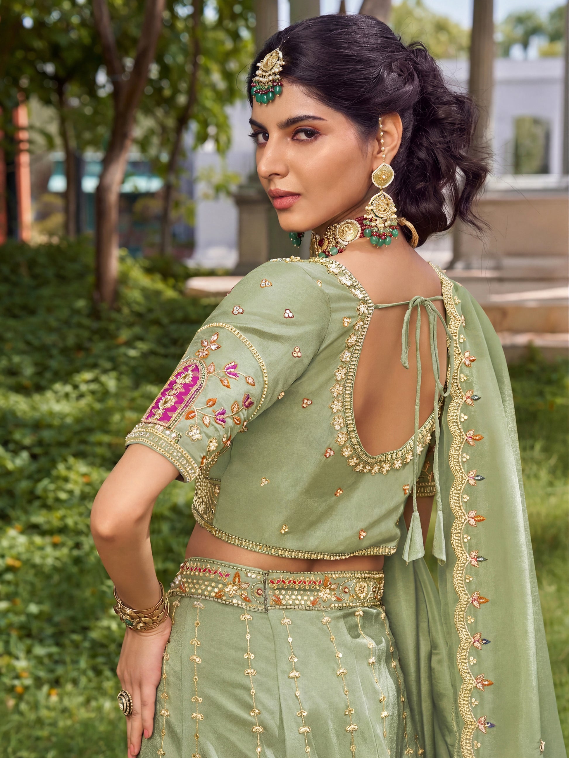 Rich Pista Green Beads Work Silk Engagement Wear Lehenga Choli