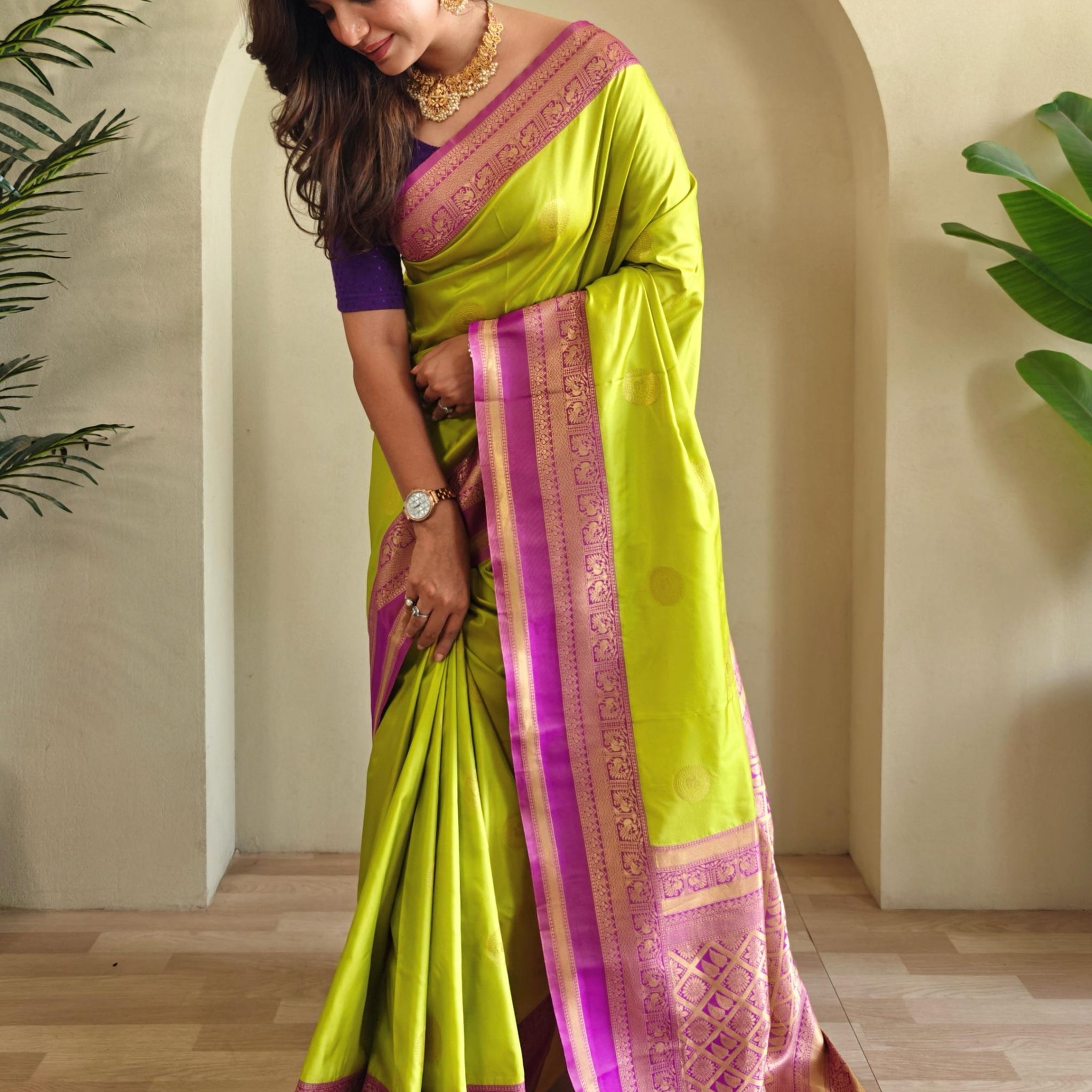 Enchanting Parrot Green Zari Weaving Silk Event Wear Saree With Blouse