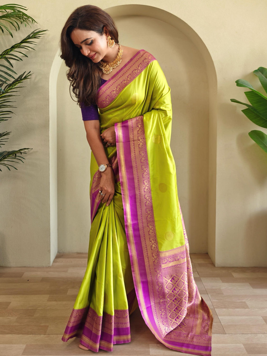 Enchanting Parrot Green Zari Weaving Silk Event Wear Saree With Blouse
