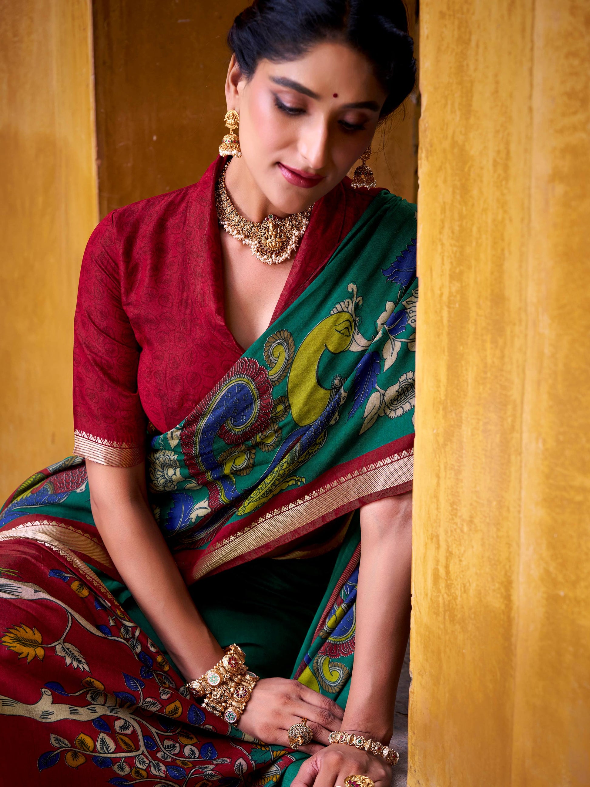 Dazzling Green Kalamkari Print Chanderi Silk Event Wear Saree With Blouse