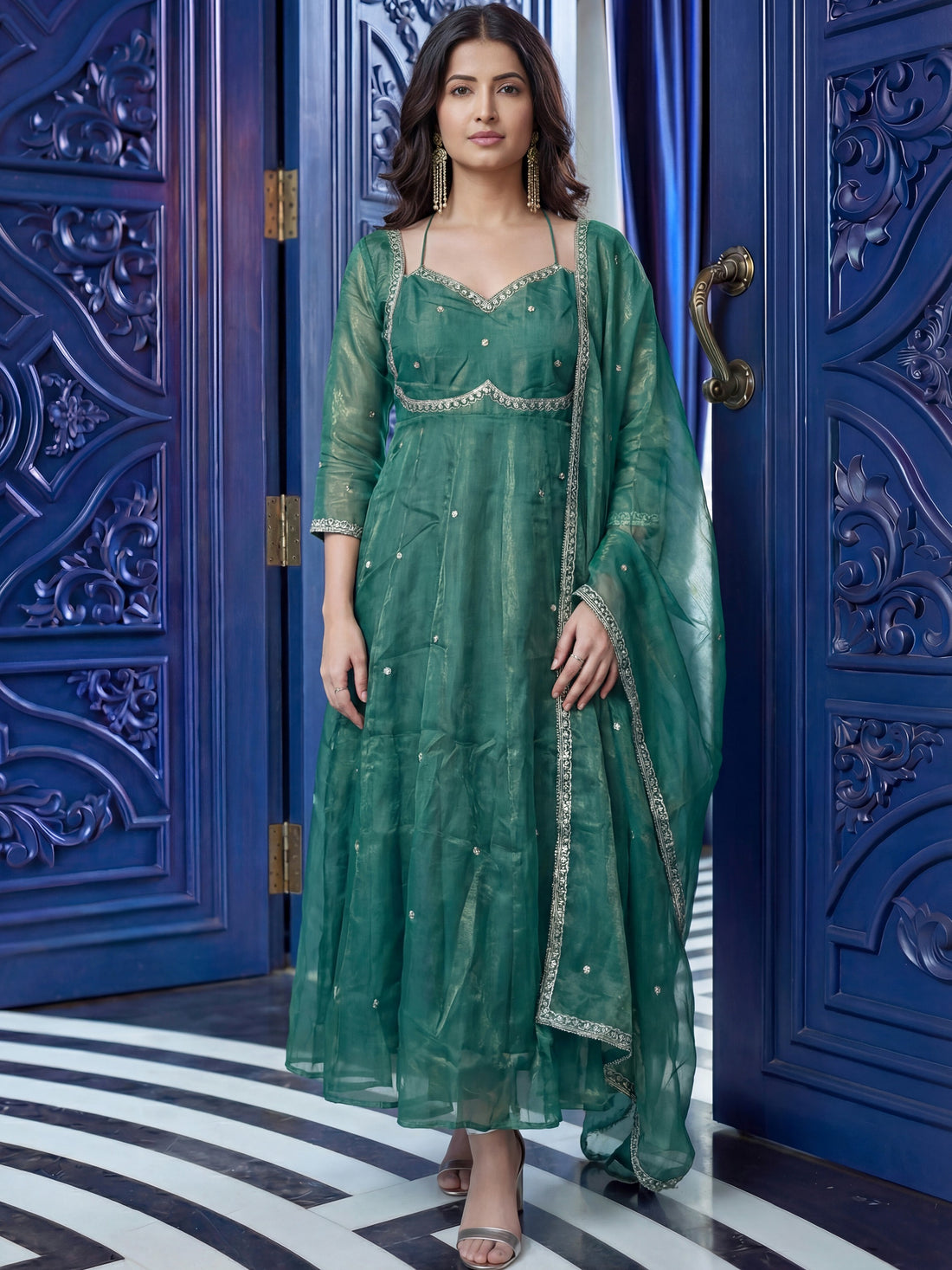 Fabulous Teal Green Embroidered Silk Mehendi Wear Anarkali Gown With Dupatta