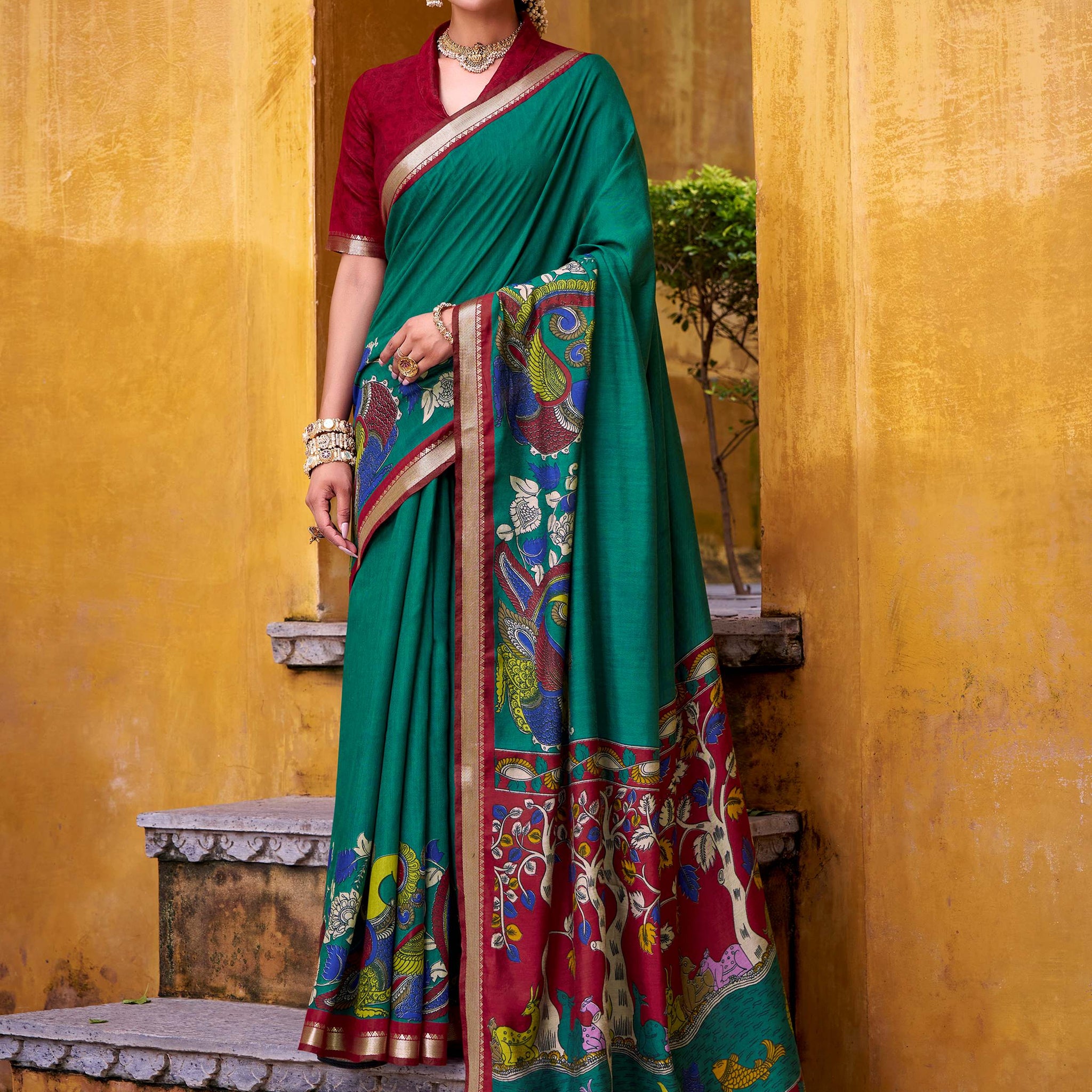 Dazzling Green Kalamkari Print Chanderi Silk Event Wear Saree With Blouse