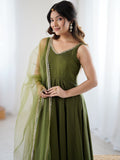 Amazing Olive Green Lace Work Chanderi Silk Mehendi Wear Anarkali Suit