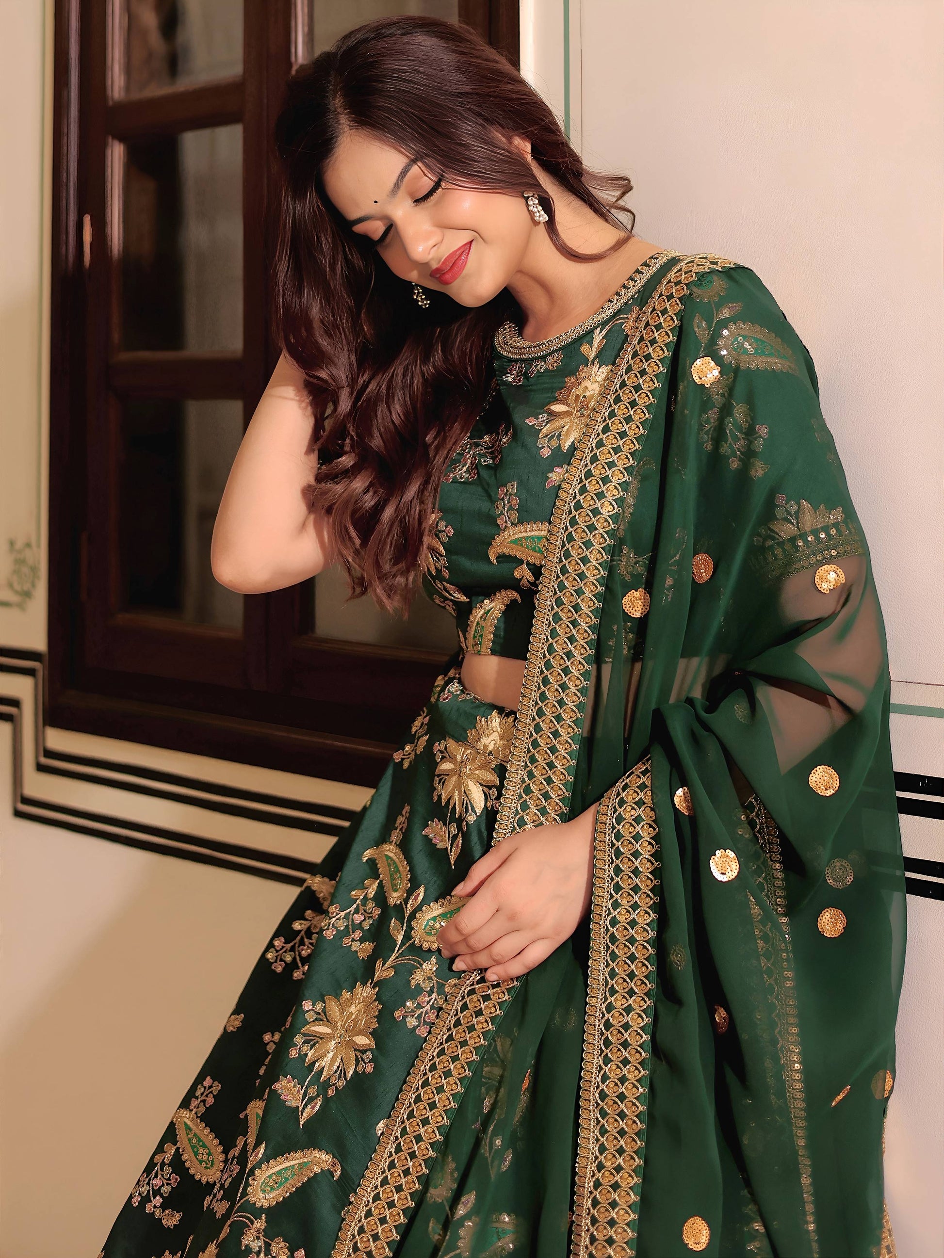 Charming Bottle Green Dori Work Art Silk Mehendi Wear Lehenga Choli With Dupatta