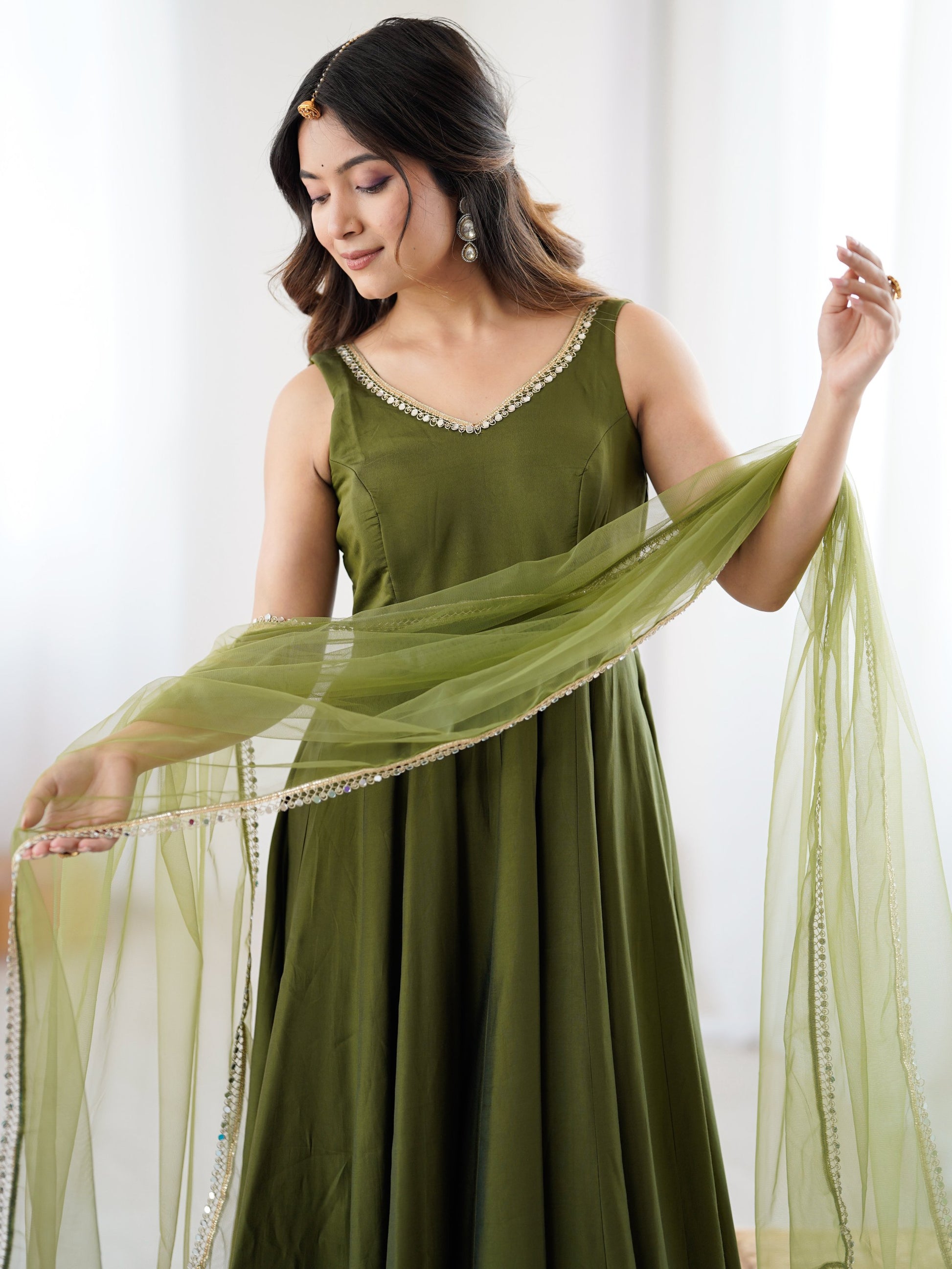 Amazing Olive Green Lace Work Chanderi Silk Mehendi Wear Anarkali Suit