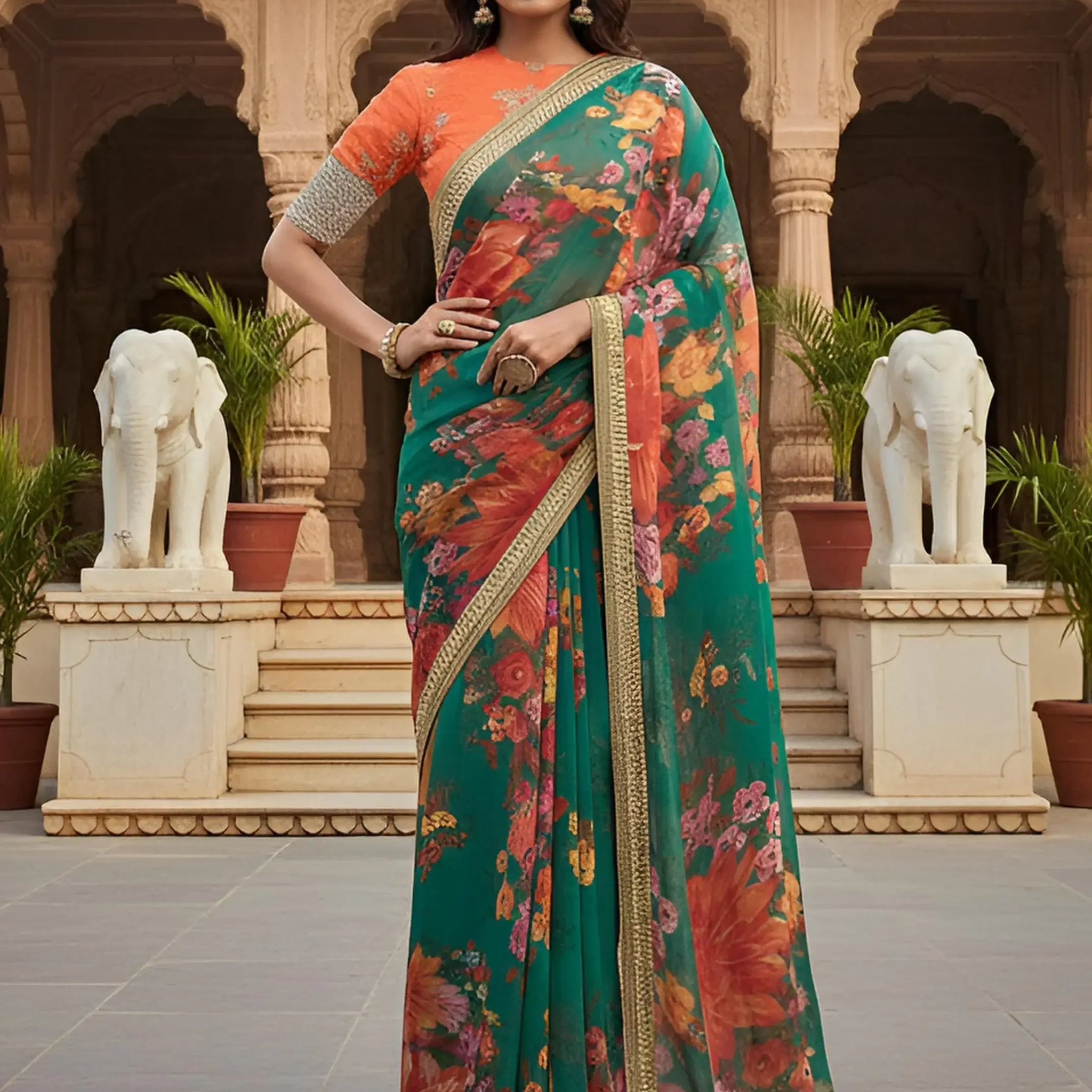 Majestic Green Floral Printed Organza Wedding Wear Saree With Blouse
