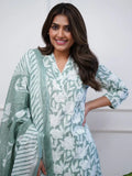 Beautiful Sage Green Printed Cotton Event Wear Pant Suit With Dupatta