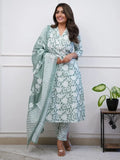 Beautiful Sage Green Printed Cotton Event Wear Pant Suit With Dupatta