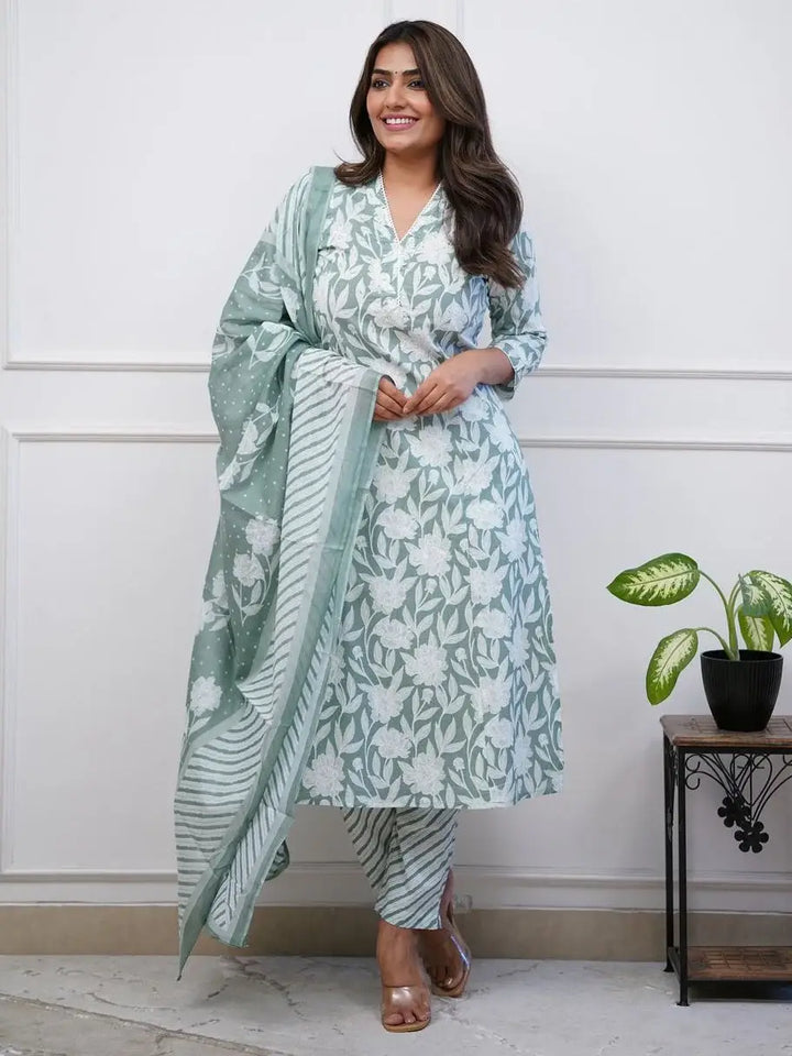 Beautiful Sage Green Printed Cotton Event Wear Pant Suit With Dupatta