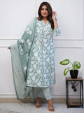 Beautiful Sage Green Printed Cotton Event Wear Pant Suit With Dupatta