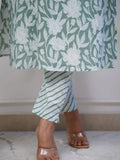 Beautiful Sage Green Printed Cotton Event Wear Pant Suit With Dupatta