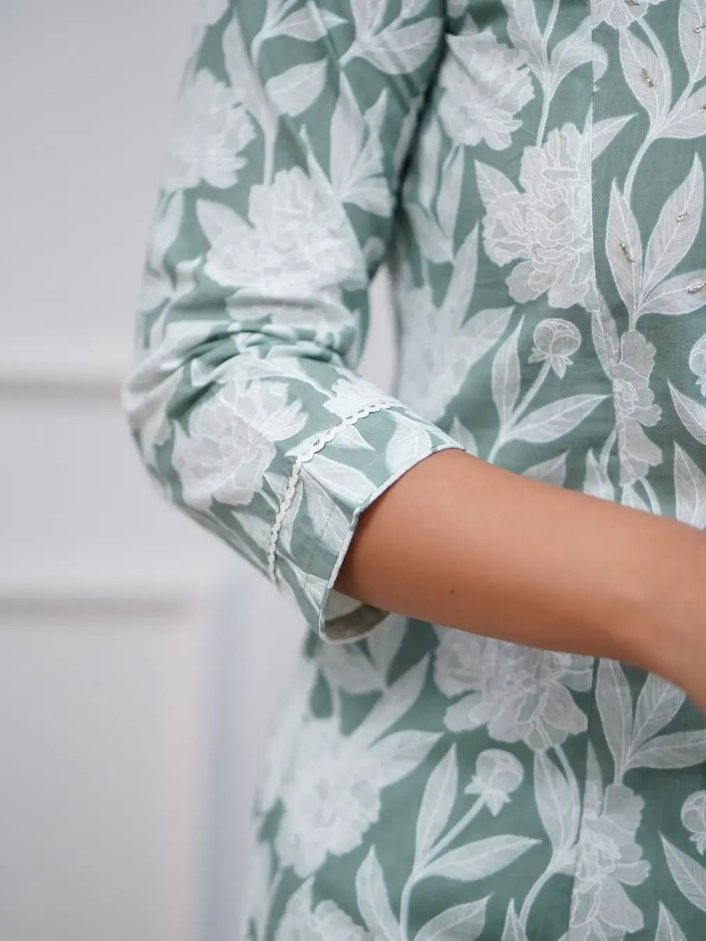 Beautiful Sage Green Printed Cotton Event Wear Pant Suit With Dupatta