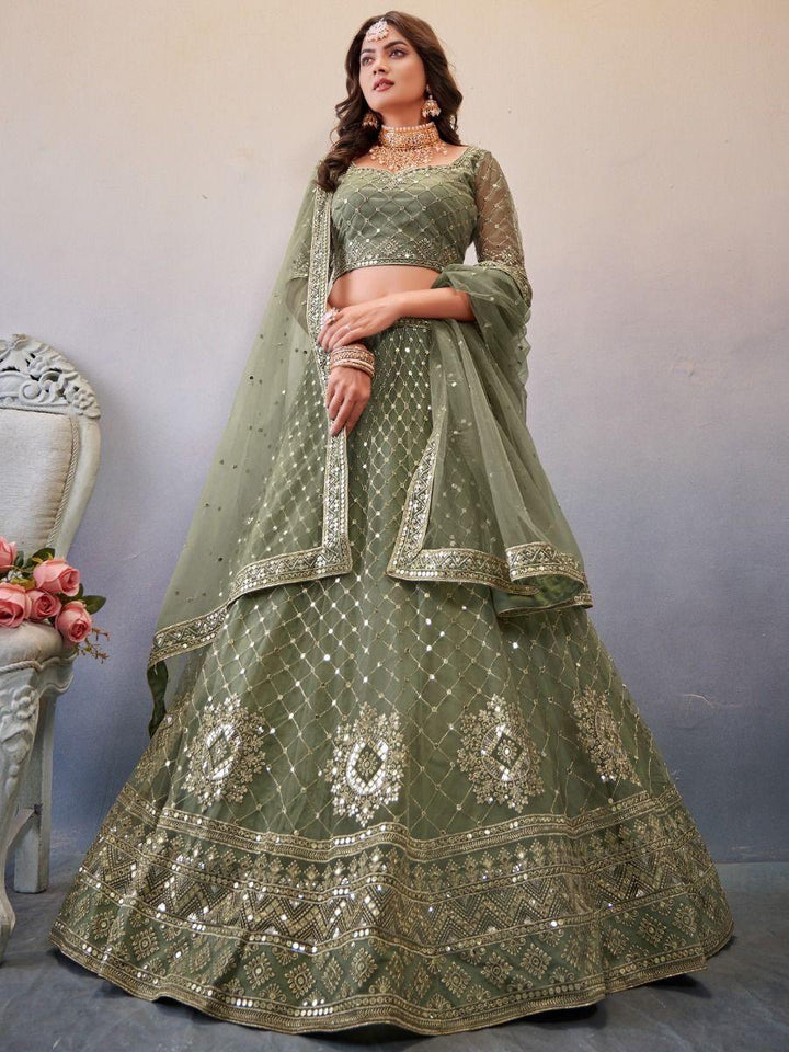 Elegant Mehndi Green Sequins Butterfly Net Lehenga Choli