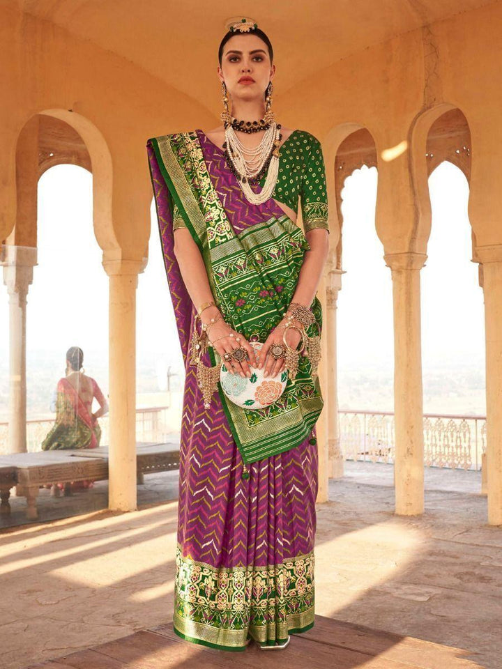 Beautiful Purple Printed Silk Wedding Wear Saree
