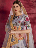 Grey Floral Print Banglori Silk Wedding Wear Lehenga Choli - Zeel Clothing