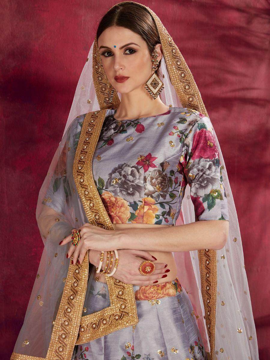Grey Floral Print Banglori Silk Wedding Wear Lehenga Choli - Zeel Clothing
