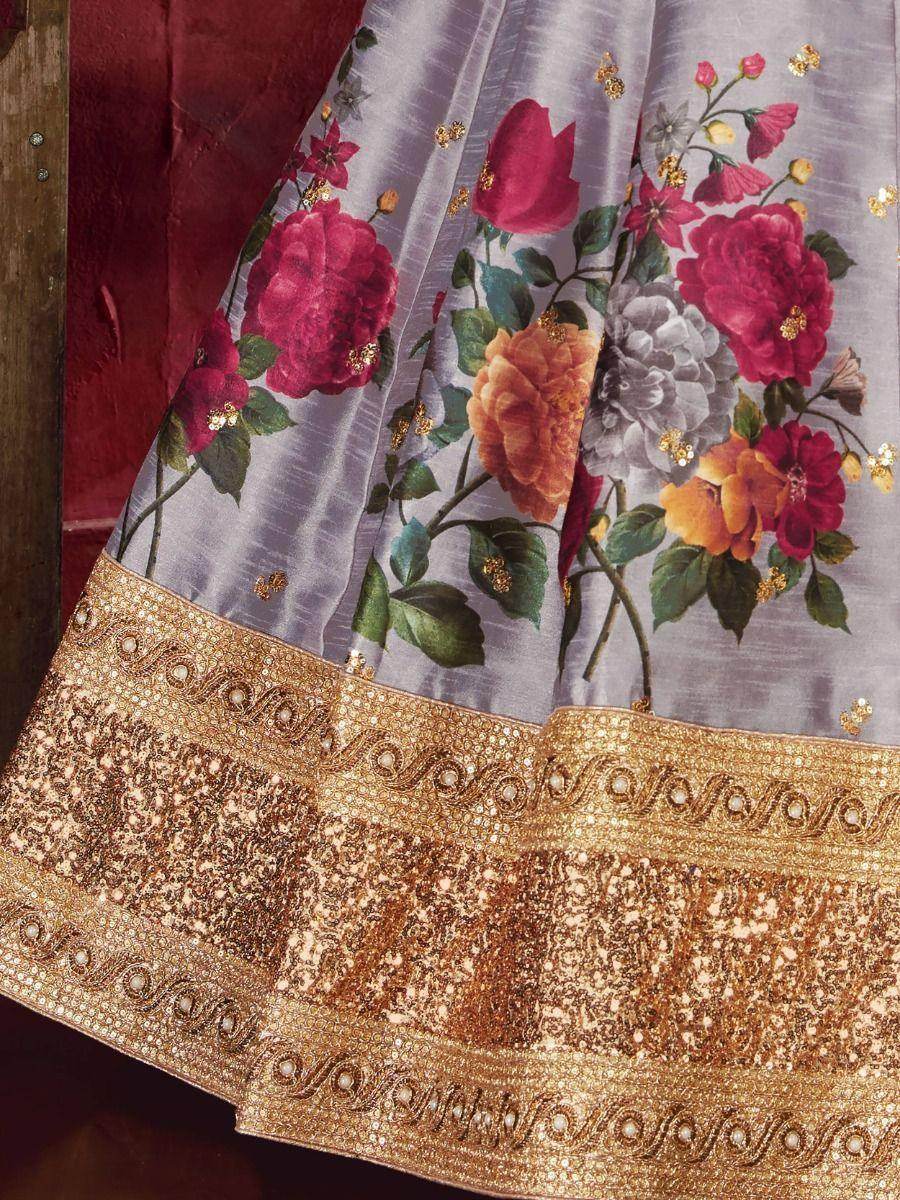 Grey Floral Print Banglori Silk Wedding Wear Lehenga Choli - Zeel Clothing
