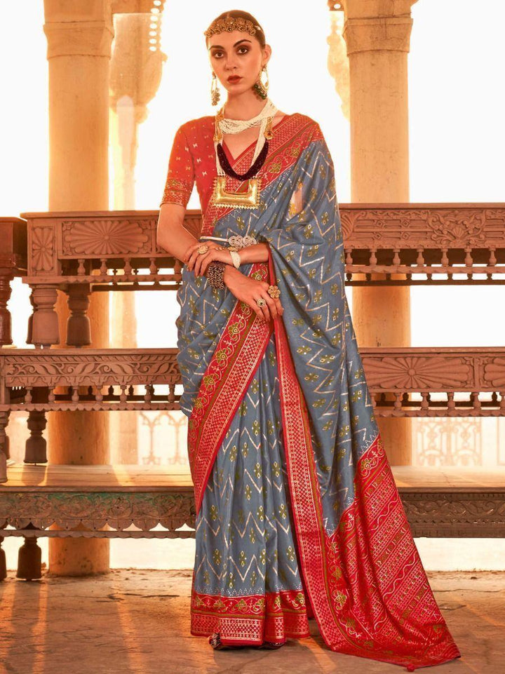 Fabulous Grey Gold Printed Silk Wedding Wear Saree