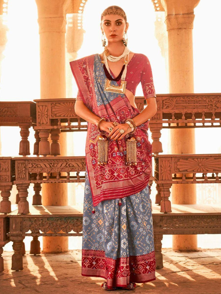Awesome Grey Gold Printed Silk Wedding Wear Saree