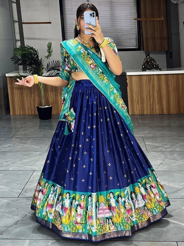 Pretty Navy Blue Kalamkari Print Silk Festive Wear Lehenga Choli