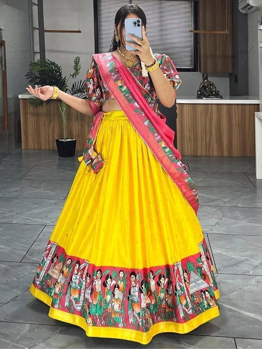 Gorgeous Yellow Kalamkari Printed silk Festive Wear Lehenga Choli
