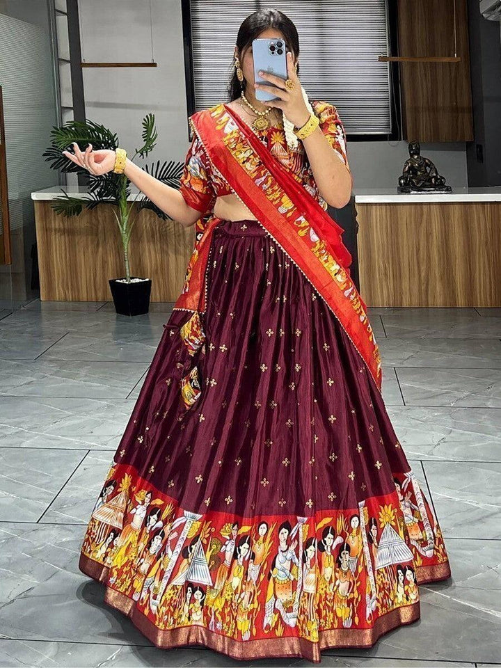 Beautiful Wine Kalamkari Print Silk Lehenga Choli With Dupatta