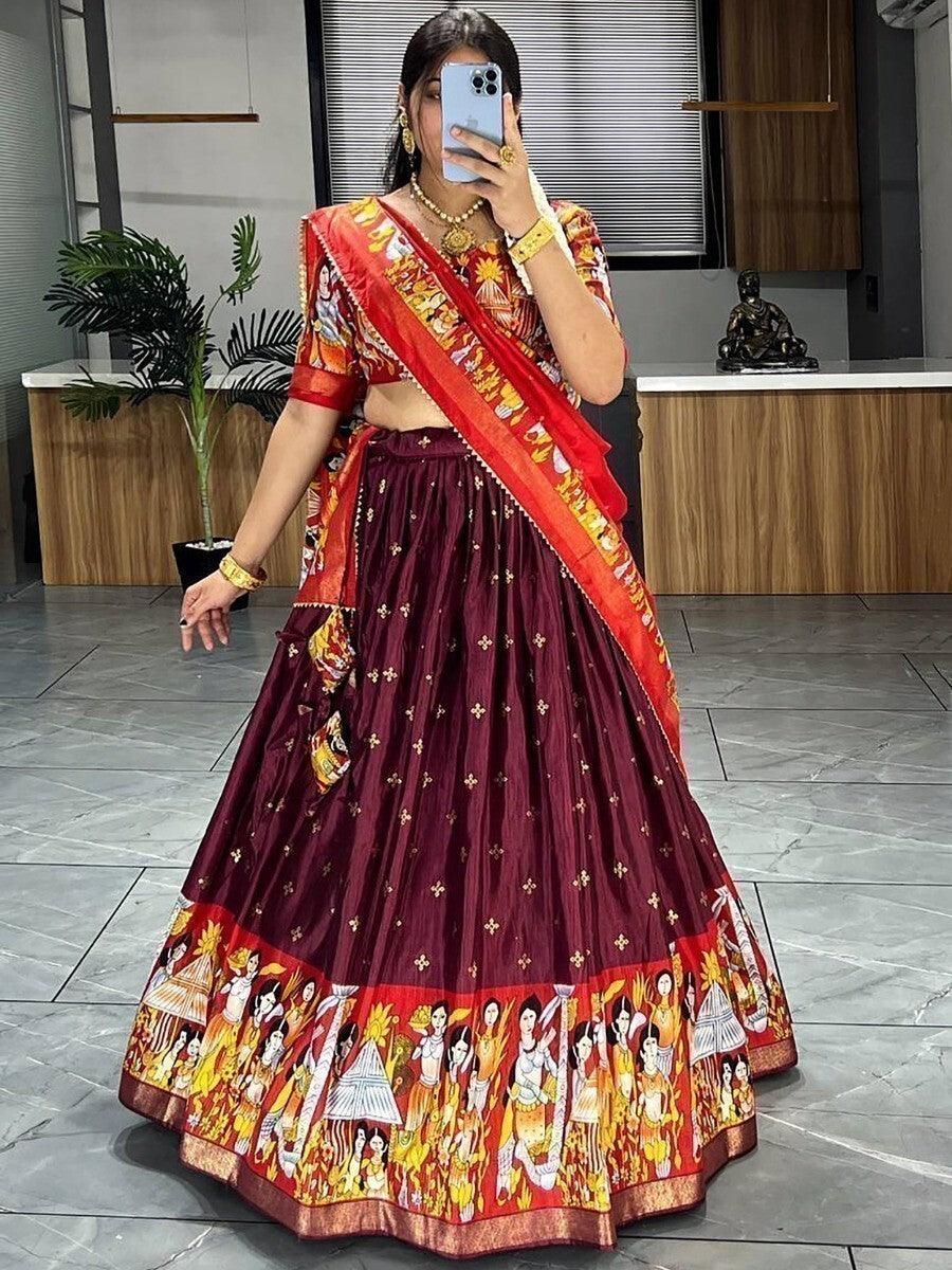 Beautiful Wine Kalamkari Print Silk Lehenga Choli With Dupatta