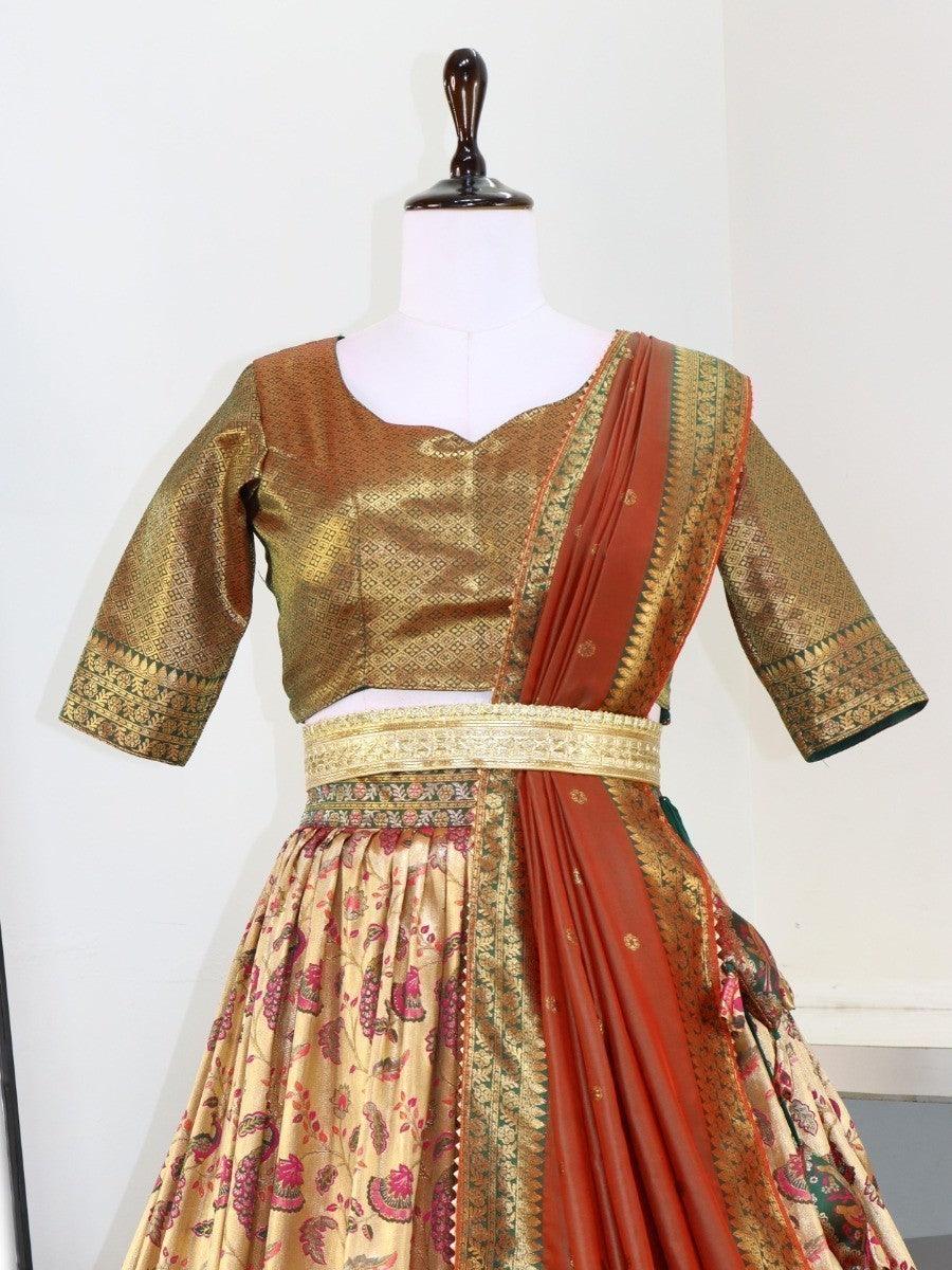 Lovely Beige And Green Zari Woven Paithani Silk Lehenga Choli