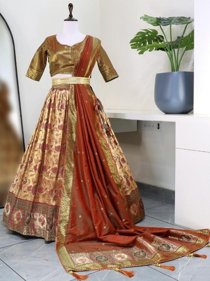 Lovely Beige And Green Zari Woven Paithani Silk Lehenga Choli