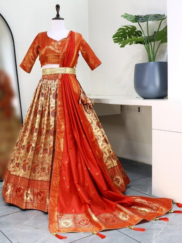 Beautiful Beige Zari Woven Paithani Silk Wedding Wear lehenga choli