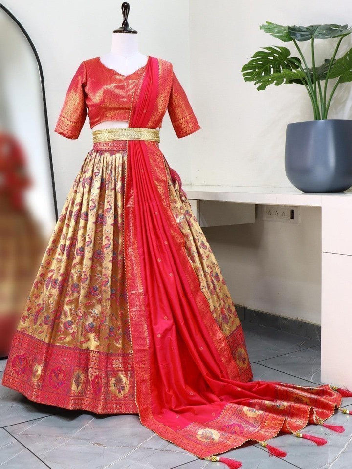Stunning Pink Zari Woven Paithani Silk Reception Wear Lehenga Choli