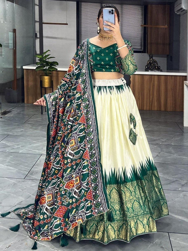 Fancified Off-White & Green Patola Print Silk Lehenga Choli With Dupatta