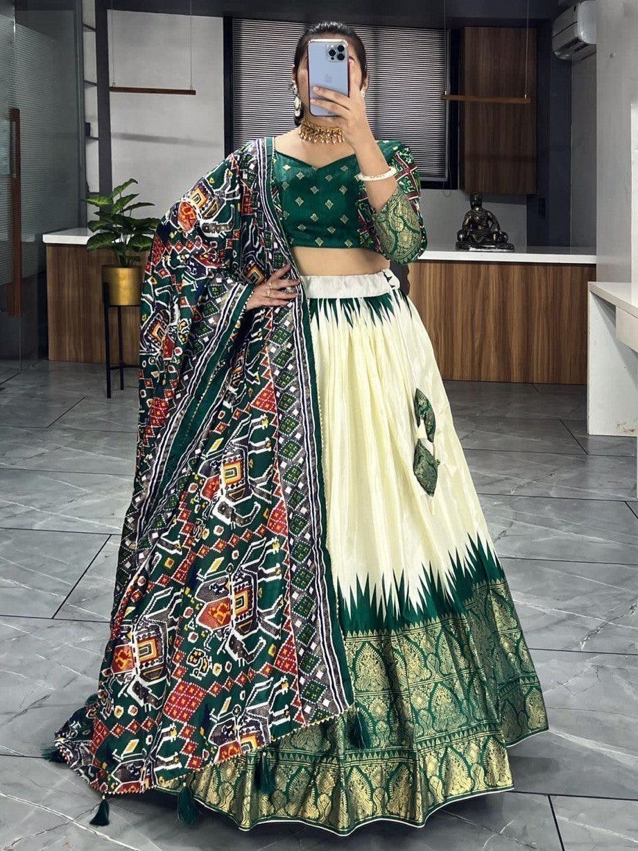 Fancified Off-White & Green Patola Print Silk Lehenga Choli With Dupatta