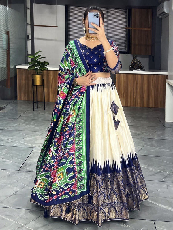 Pretty Off-White & Navy Blue Patola Print Silk Lehenga Choli With Dupatta