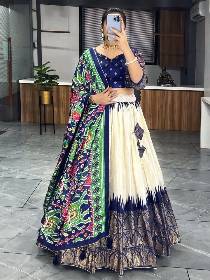 Pretty Off-White & Navy Blue Patola Print Silk Lehenga Choli With Dupatta