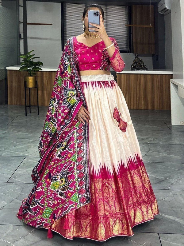 Lovely Off-White & Pink Patola Print Silk Festive Wear Lehenga Choli