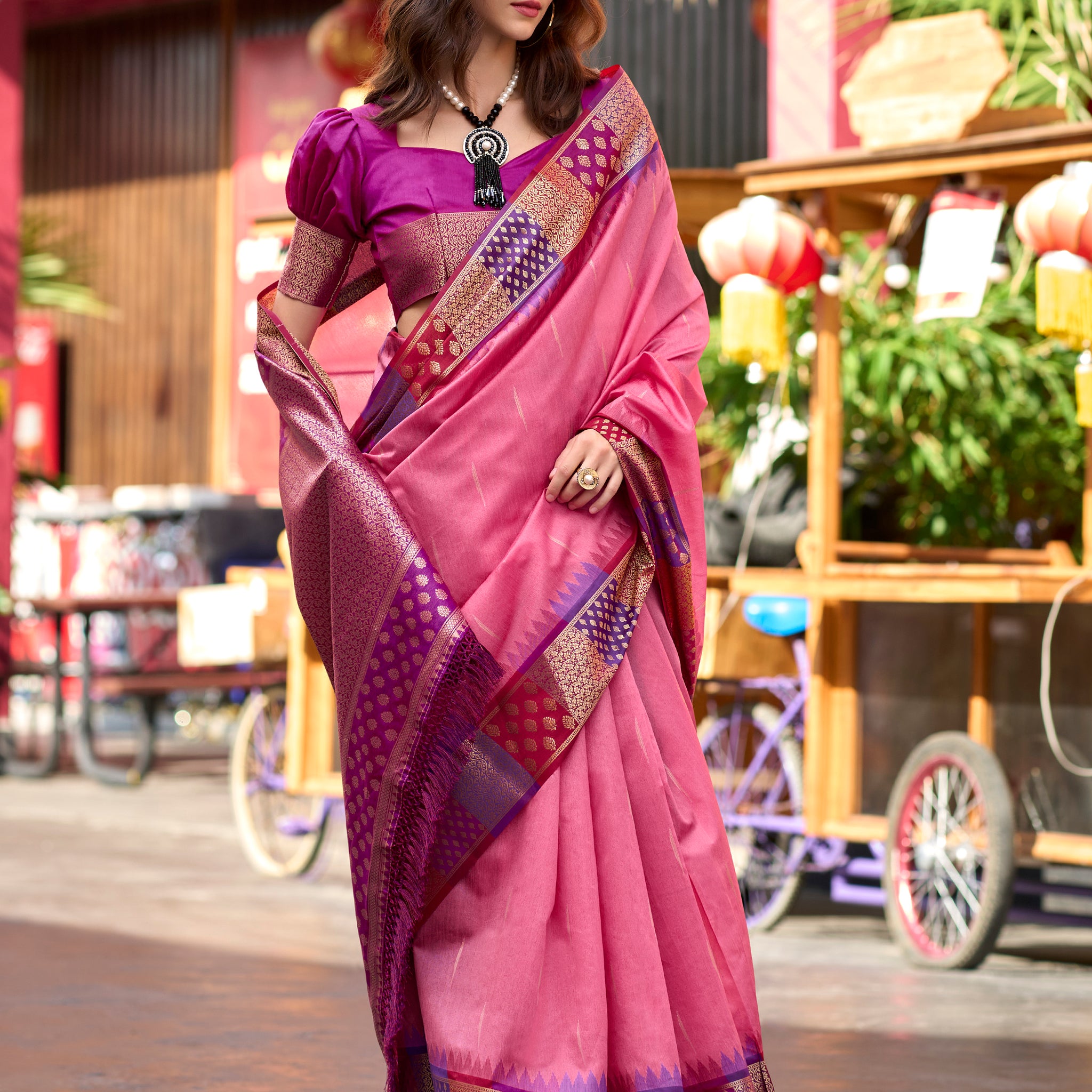 Fabulous Pink Zari Weaving Banarasi Silk Event Wear Saree With Blouse