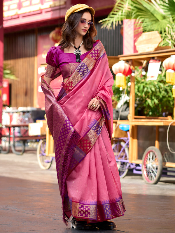 Fabulous Pink Zari Weaving Banarasi Silk Event Wear Saree With Blouse
