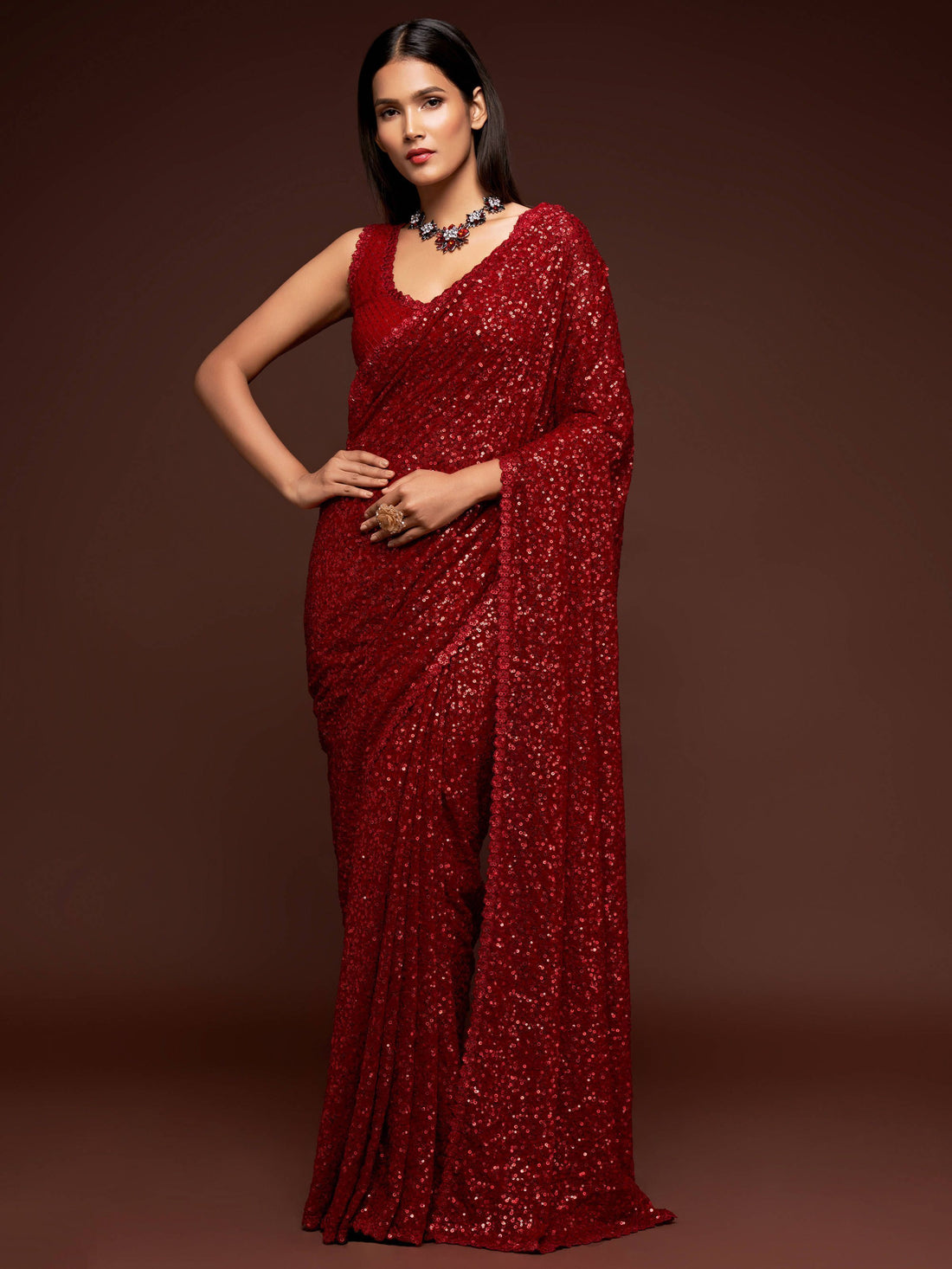 Hot Ruby Red Sequined Georgette Party Wear Saree - Zeel Clothing