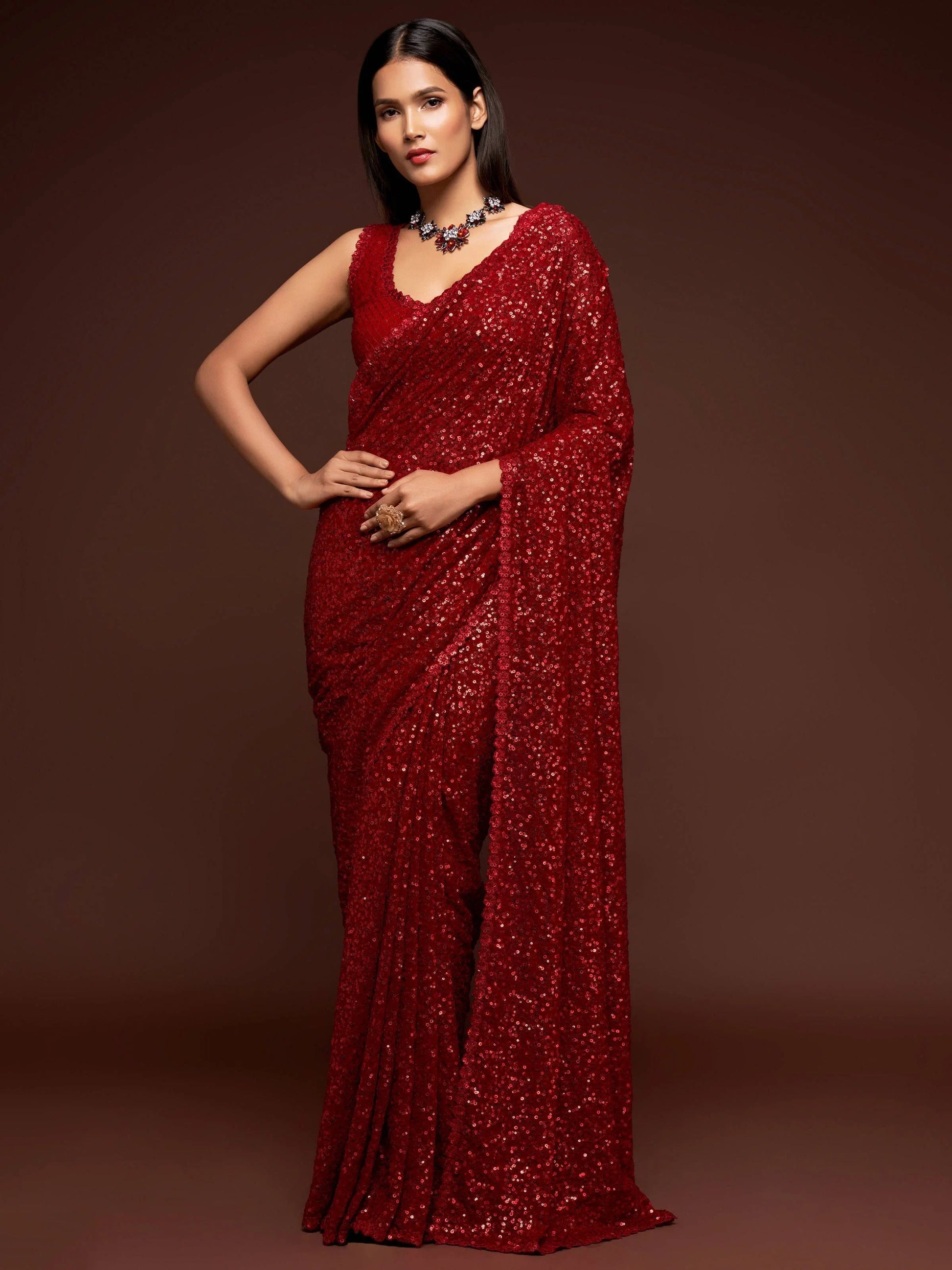 Hot Ruby Red Sequined Georgette Party Wear Saree - Zeel Clothing