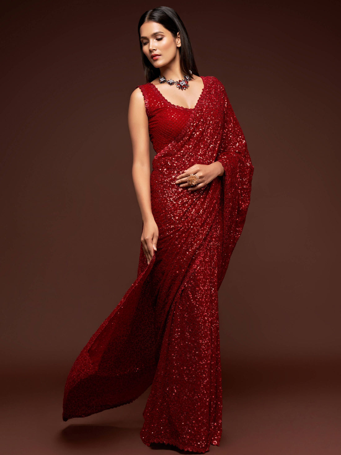 Hot Ruby Red Sequined Georgette Party Wear Saree - Zeel Clothing