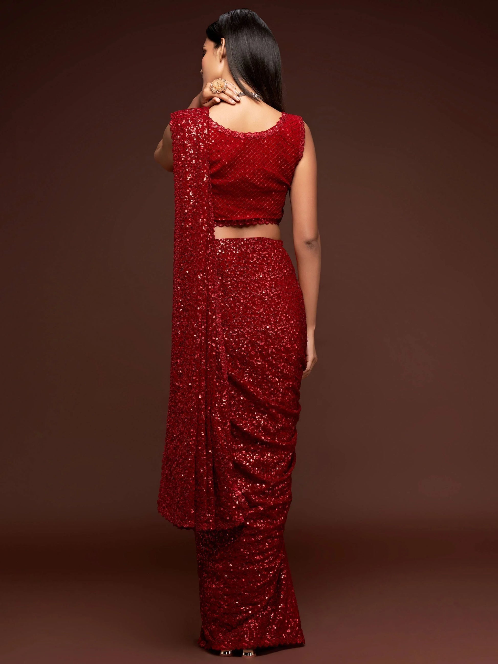Hot Ruby Red Sequined Georgette Party Wear Saree - Zeel Clothing