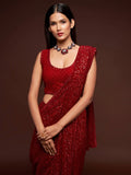 Hot Ruby Red Sequined Georgette Party Wear Saree - Zeel Clothing