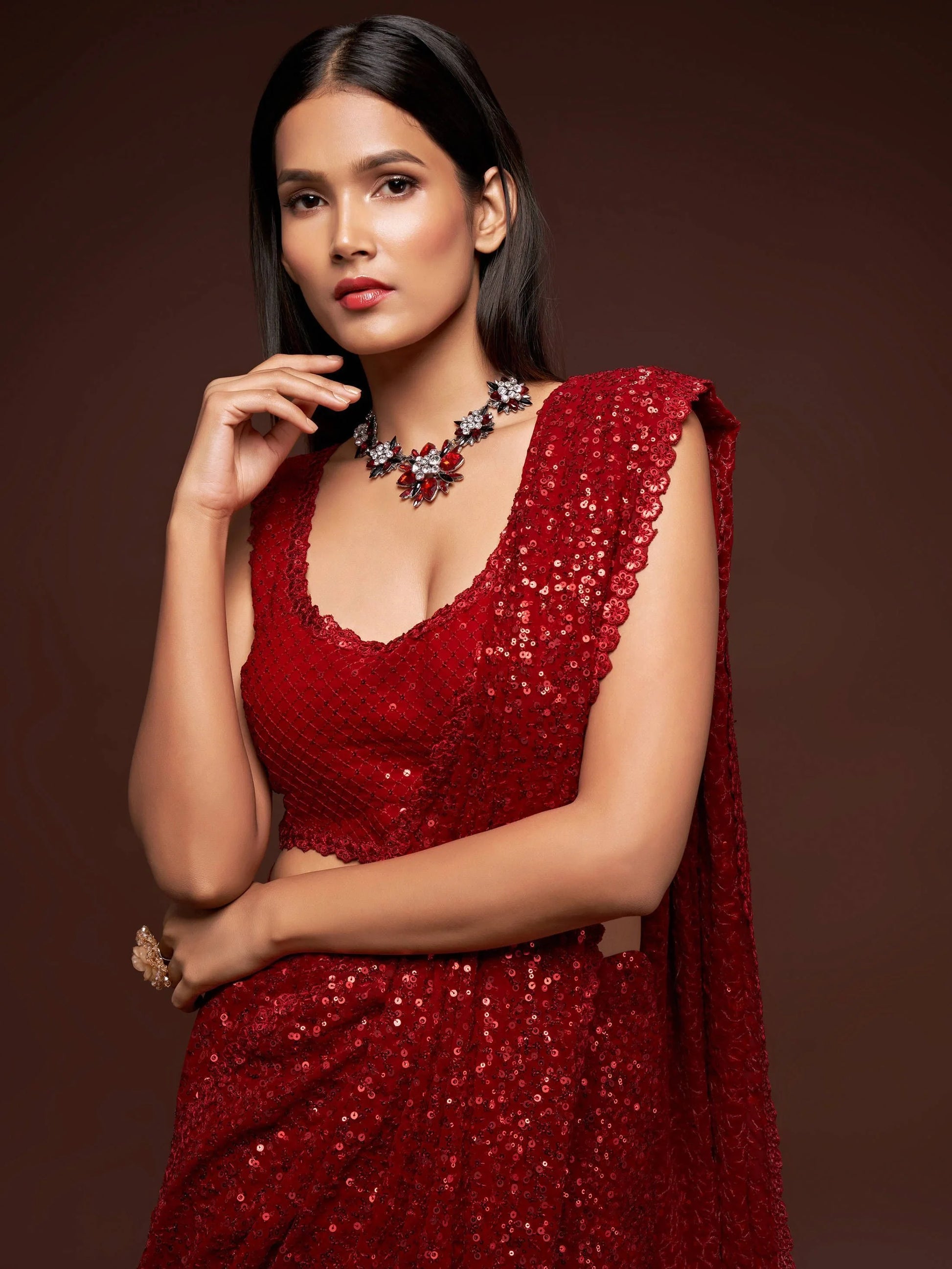 Hot Ruby Red Sequined Georgette Party Wear Saree - Zeel Clothing