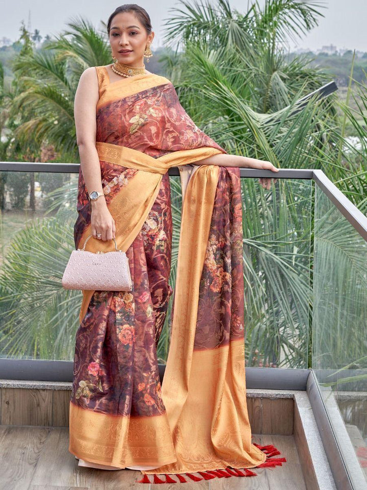 Pretty Maroon Floral Printed Organza Traditional Saree With Blouse