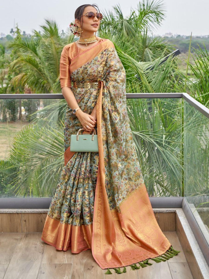 Charming Sky Blue Floral Printed Organza Wedding Wear Saree