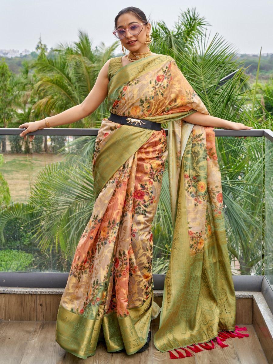 Attractive Green Floral Printed Organza Festival Wear Saree