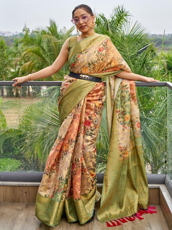 Attractive Green Floral Printed Organza Festival Wear Saree