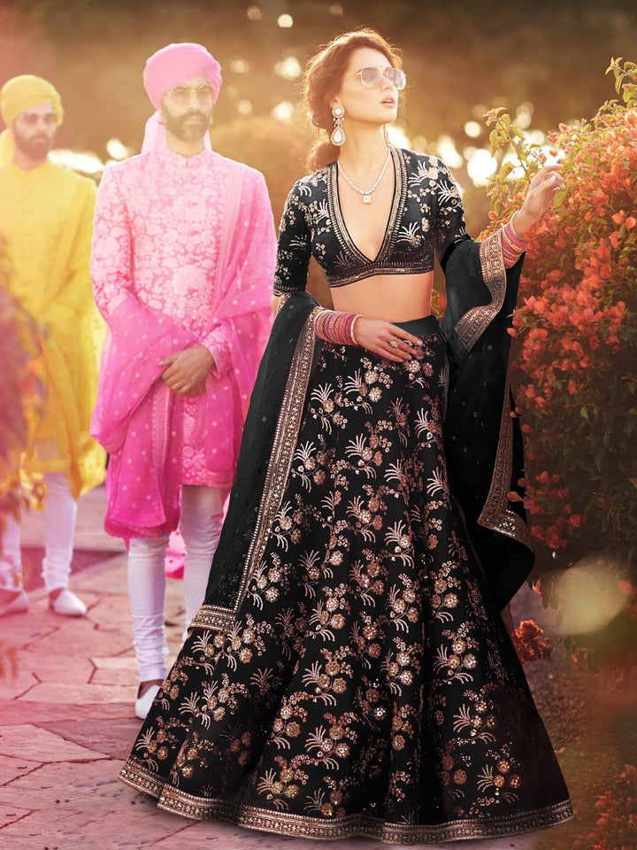 Hypnotic Black Colored Wedding Wear Embroidered Satin Lehenga Choli