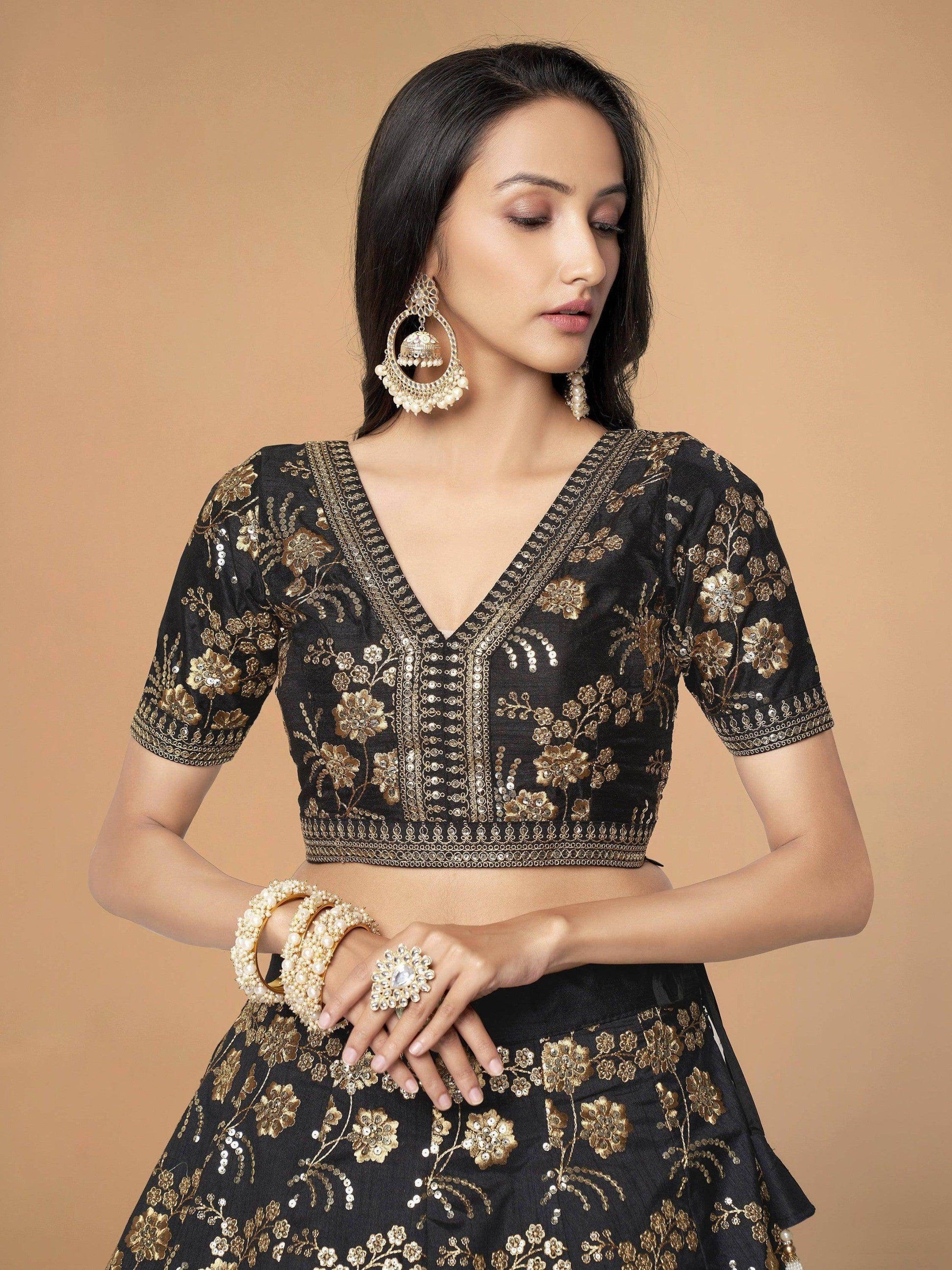 Hypnotic Black Colored Wedding Wear Embroidered Satin Lehenga Choli - Zeel Clothing